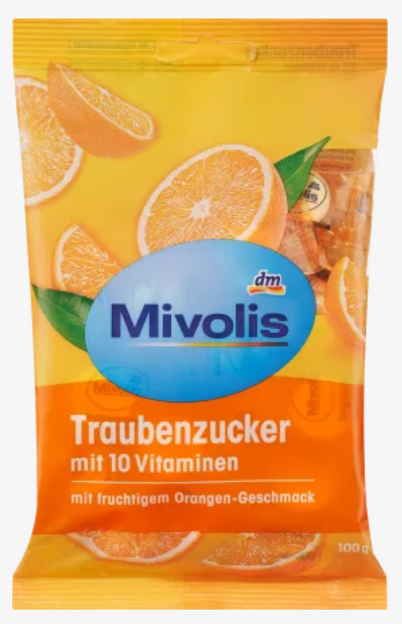 Mivolis Traubenzucker, Orange mit 10 Vitaminen, 100 g / Dextrosa de naranja con 10 vitaminas