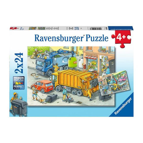 Ravensburger - Puzzle Camiones y Grúas - 2x24 piezas, 4 años +
