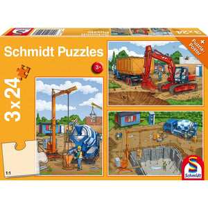 Schmidt Puzzle Set - 3x 24 Teile,  Auf der Baustelle / EN LA OBRA 3+