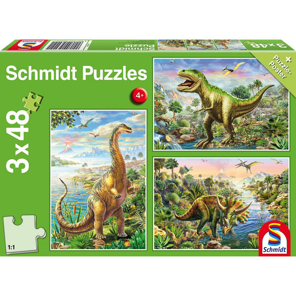 Schmidt Puzzle Set - 3x 48 Teile, Abenteuer mit den Dinosauriern / DINOSAURIOS 4+