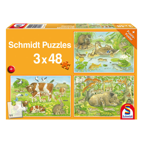 Schmidt Spiele - Puzzle Set 3 X 48 / FAMILIAS DE ANIMALES, 4+ años