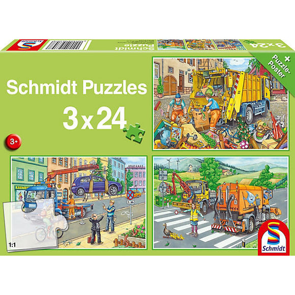 Schmidt Spiele - Puzzle Set 3 X 24 / CARRO DE BASURA, COCHE GRUA Y BARREDORA 3-4 años