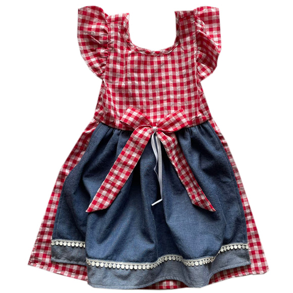 4 - 5 años (104 -110cm ) / Traje alemán para niñitas, vestido tradicional bávara rojo con delantal azul, / Kinder Dirndl mit Schürze