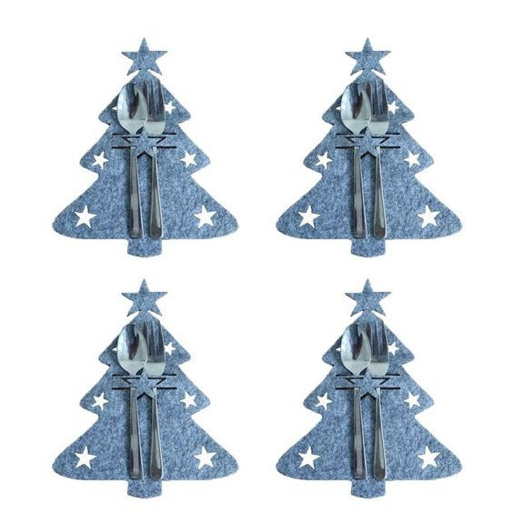 Bolsita para cubierto para navidad, árbol de pascua, gris, set de 4 unidades / Bestecktasche aus Filz für Weihnachten, Tannenbaum, grau, 4er Set
