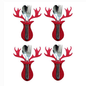 Bolsita para cubierto para navidad, ciervo rojo, set de 4 unidades / Bestecktasche aus Filz für Weihnachten, Hirsch rot, 4er Set
