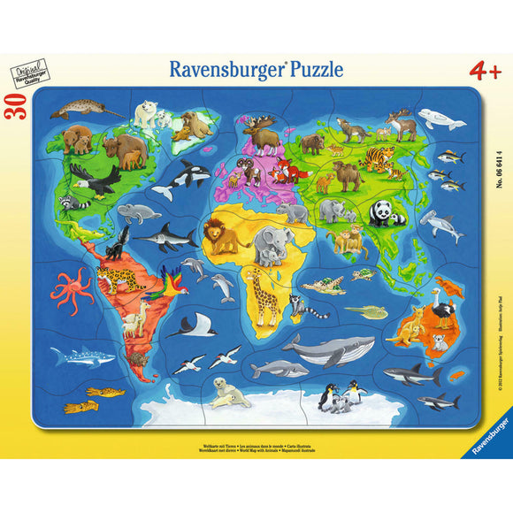 Ravensburger - Rahmenpuzzle 30 Teile - Weltkarte mit Tieren / Puzzle enmarcado - Animales del mundo, 4 - 6 años