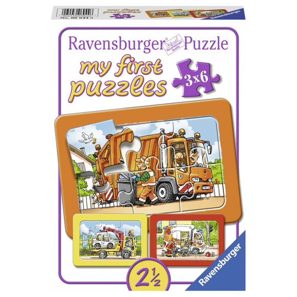 Ravensburger - Puzzle Set 3x6  - Mi primer puzzle - Camión recolector, grúa y ambulancia / Müllabfuhr, Krankenwagen, Abschleppwagen, 2,5+