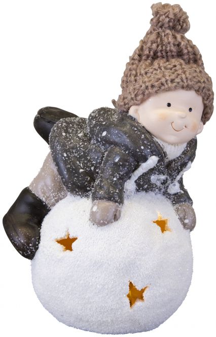 Winterkind auf LED-Schneeball - aus Terrakotta - 13 x 10,5 x 18,5 cm