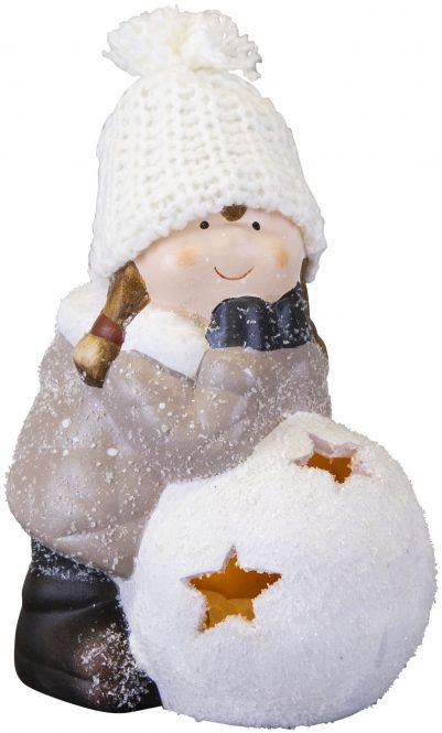 Winterkind mit LED-Schneeball - aus Terrakotta - 12 x 9 x 15 cm