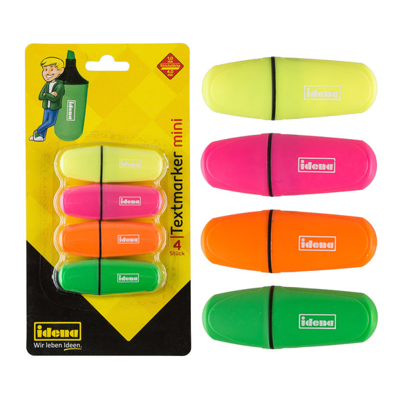 Idena Textmarker Mini, in 4 Farben, gelb, pink, orange und grün