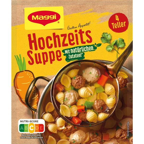 Maggi Hochzeits Suppe / Sopa clara con sémola y albóndigas, verduras y fideos