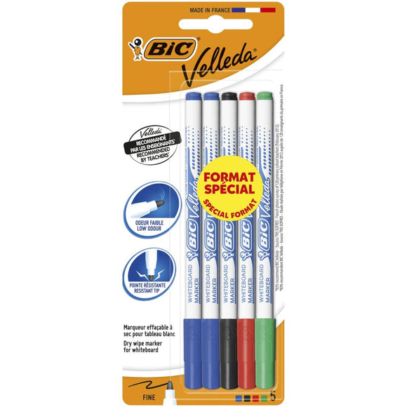 BIC Velleda Filzstifte für Whiteboard, trocken abwischbar – farblich sortiert, Blisterpackung mit 4 + 1
