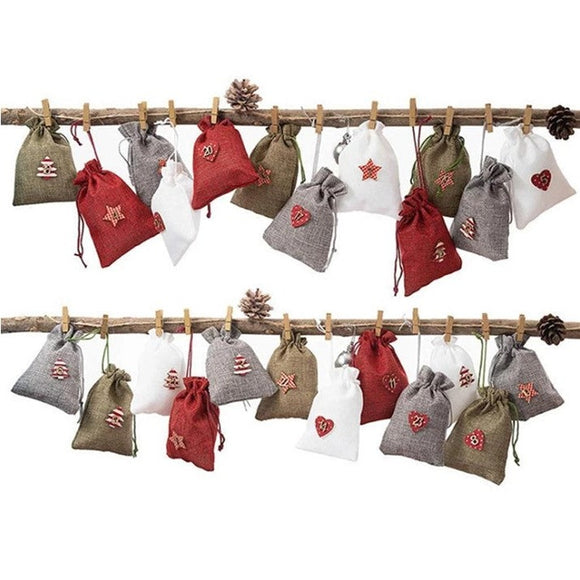 Adventskalender - 24 Jute Beutel mit Clips / Calendario de Adviento - 24 bolsas de yute con pinzas