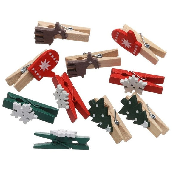 10x Clips de madera, mini pinzas, para navidad / 10x Holz Klammern mit weihnachtlichen Motiven