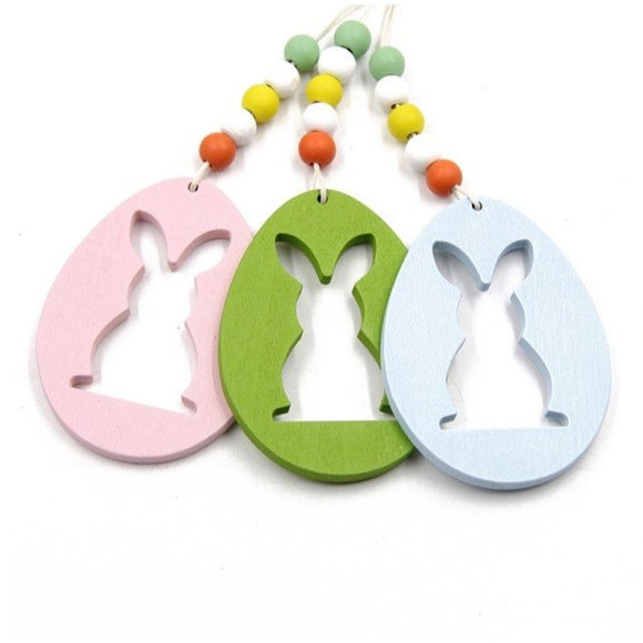 3x Colgante de madera para la pascua, MIX celeste, rosado y verde / 3x Hängedeko Ostereier mit Osterhase, aus Holz, MIX