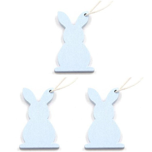 Conejitos de madera, 3 unidades, celeste / Hängedeko Osterhasen aus Holz 3er, blau/türkis