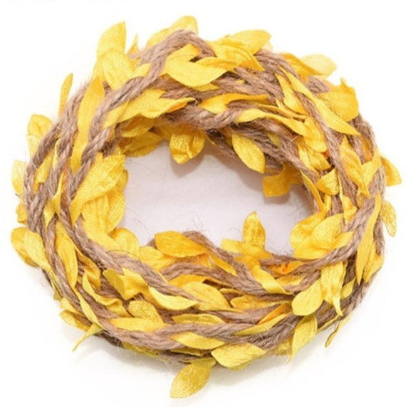 Cuerda de yute con hojas artificiales, amarillo / Jute-Schnur mit künstlichen Blättern, 5 Meter, gelb