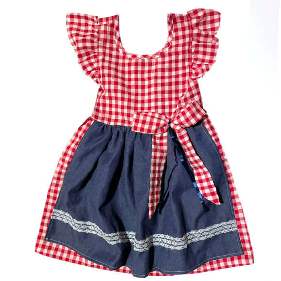 5 - 6 años (110-116 cm ) / Traje alemán para niñitas, vestido tradicional bávara rojo con delantal azul, / Kinder Dirndl mit Schürze