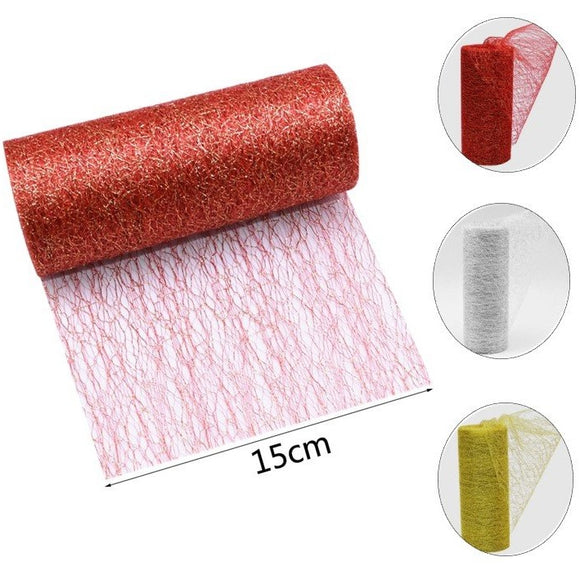 9,2 metros - Tela malla decorativa con hilos de color dorado o plateado / Dekostoff mit Netzmuster, 9,2 Meter