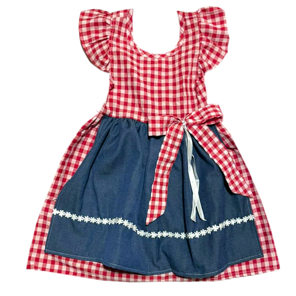 4 - 5 años (104 -110cm ) / Traje alemán para niñitas, vestido tradicional bávara rojo con delantal azul, / Kinder Dirndl mit Schürze