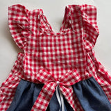 4 - 5 años (104 -110cm ) / Traje alemán para niñitas, vestido tradicional bávara rojo con delantal azul, / Kinder Dirndl mit Schürze