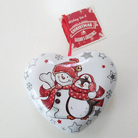 Metall Dose Herz, Weihnachten - Pinguin mit Schneemann / Tarrito de metal, forma corazón - pingüino con muñeco de nieve