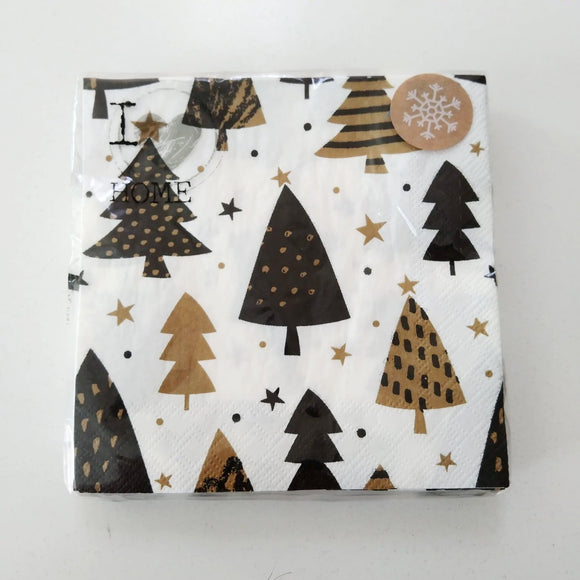 Servietten mit Weihnachtsmotiv - Schwarz goldene Weihnachtsbäume, 20 Stück, 25x25cm