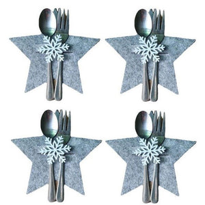 Bolsita para cubierto para navidad, estrella gris, set de 4 unidades / Bestecktasche aus Filz für Weihnachten, Stern grau, 4er Set