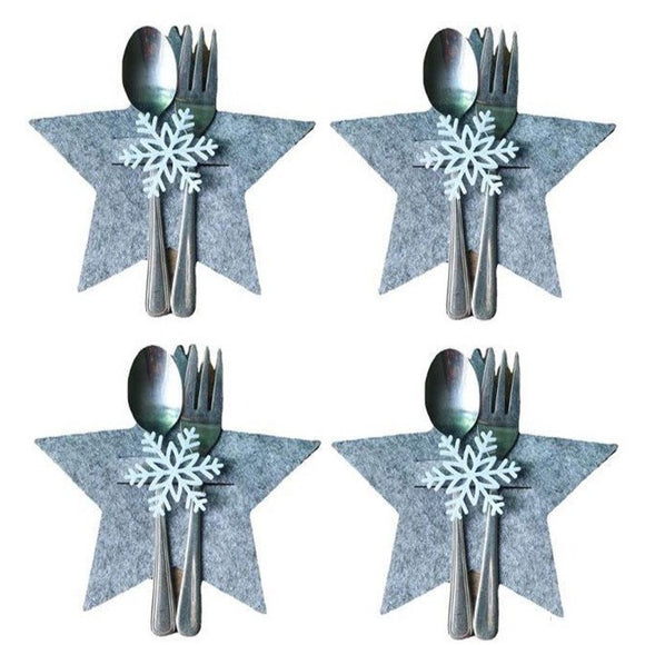 Bolsita para cubierto para navidad, estrella gris, set de 4 unidades / Bestecktasche aus Filz für Weihnachten, Stern grau, 4er Set