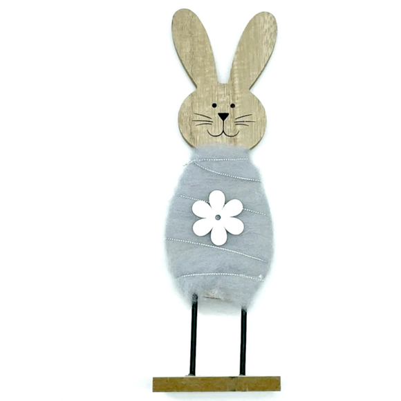 Deko Osterhase Holz mit Wolle, grau / Conejo de Pascua de madera con lana, gris
