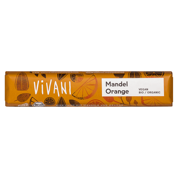 Vivani Schokolade - Mandel Orange Riegel / BARRA DE CHOCOLATE CON BEBIDA DE ARROZ Y TROZOS DE ALMENDRA Y NARANJA ORGÁNICAS 35G